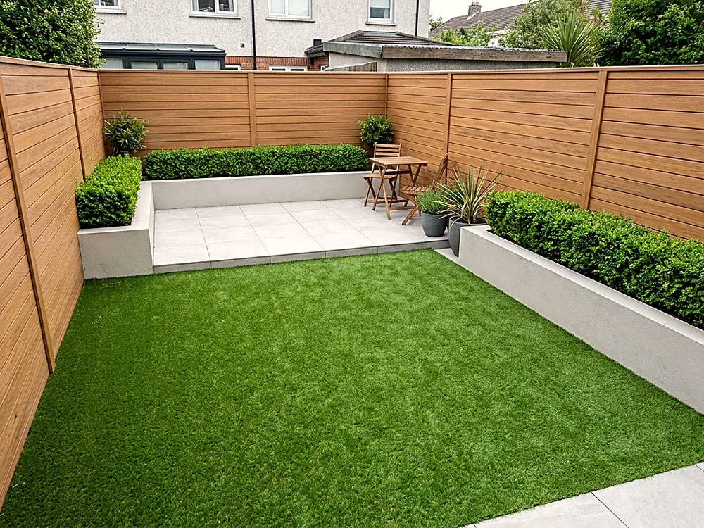 Low-maintenance artificial grass garden with fencing