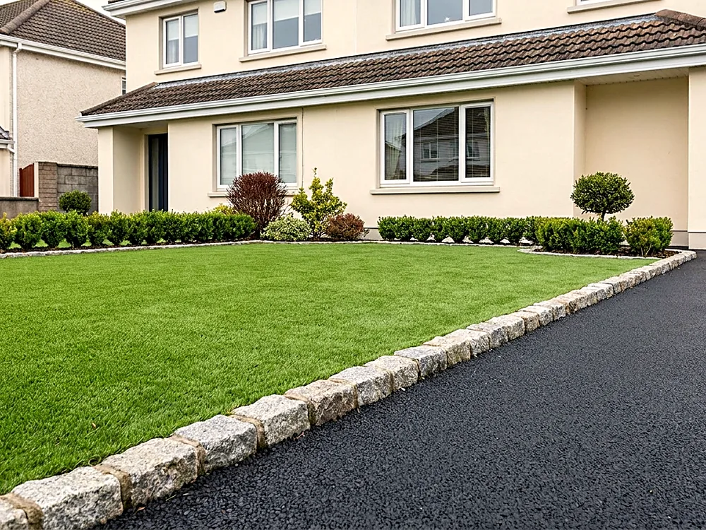 Artificial grass and granite cobble edge beside a driveway
