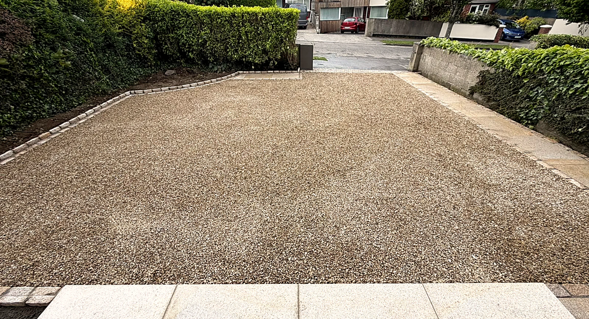Golden gravel driveway with gates, South Dublin